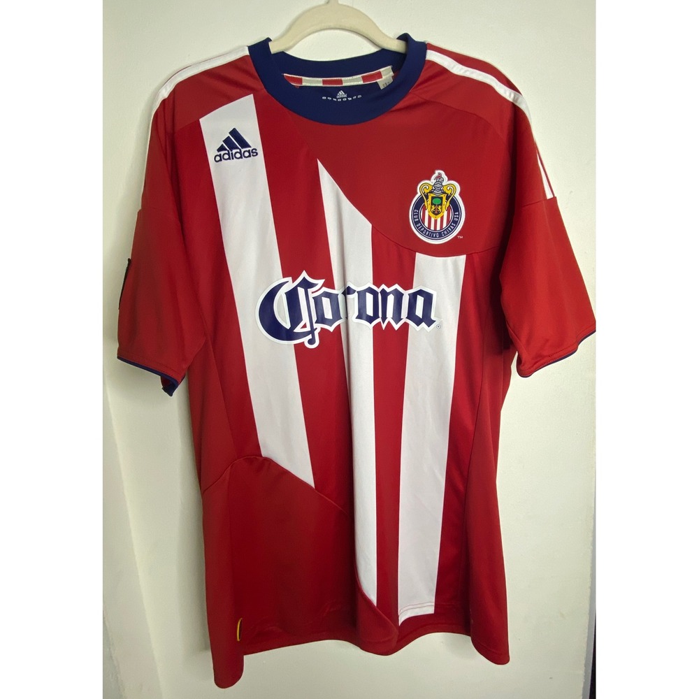 Adidas Chivas USA Soccer Jersey Mens Red White Striped Corona Sponsor MLS Shirt